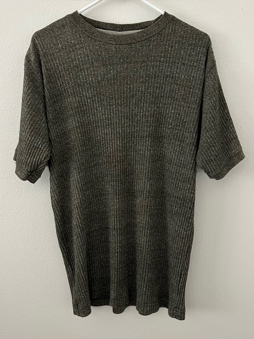 Vintage Ferruche Mens L Shirt 90s Ribbed Knit Crew Neck Stretch Short Sleeve